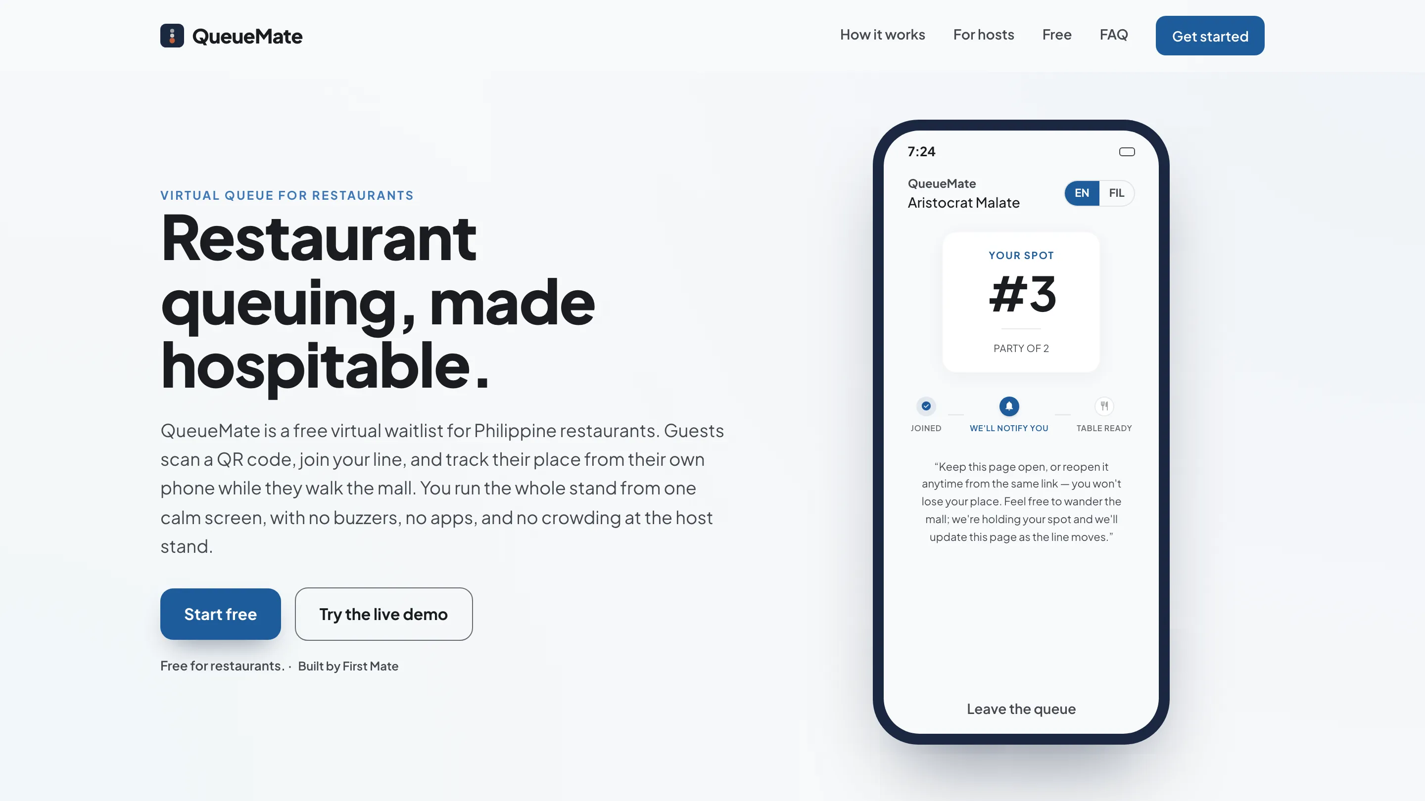 QueueMate landing page showing the headline “Restaurant queuing, made hospitable” next to a phone mockup of a guest's queue position, number 3, party of 2