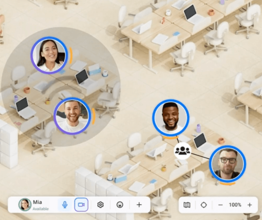 Screenshot of the ovice virtual office showing team members in a shared workspace
